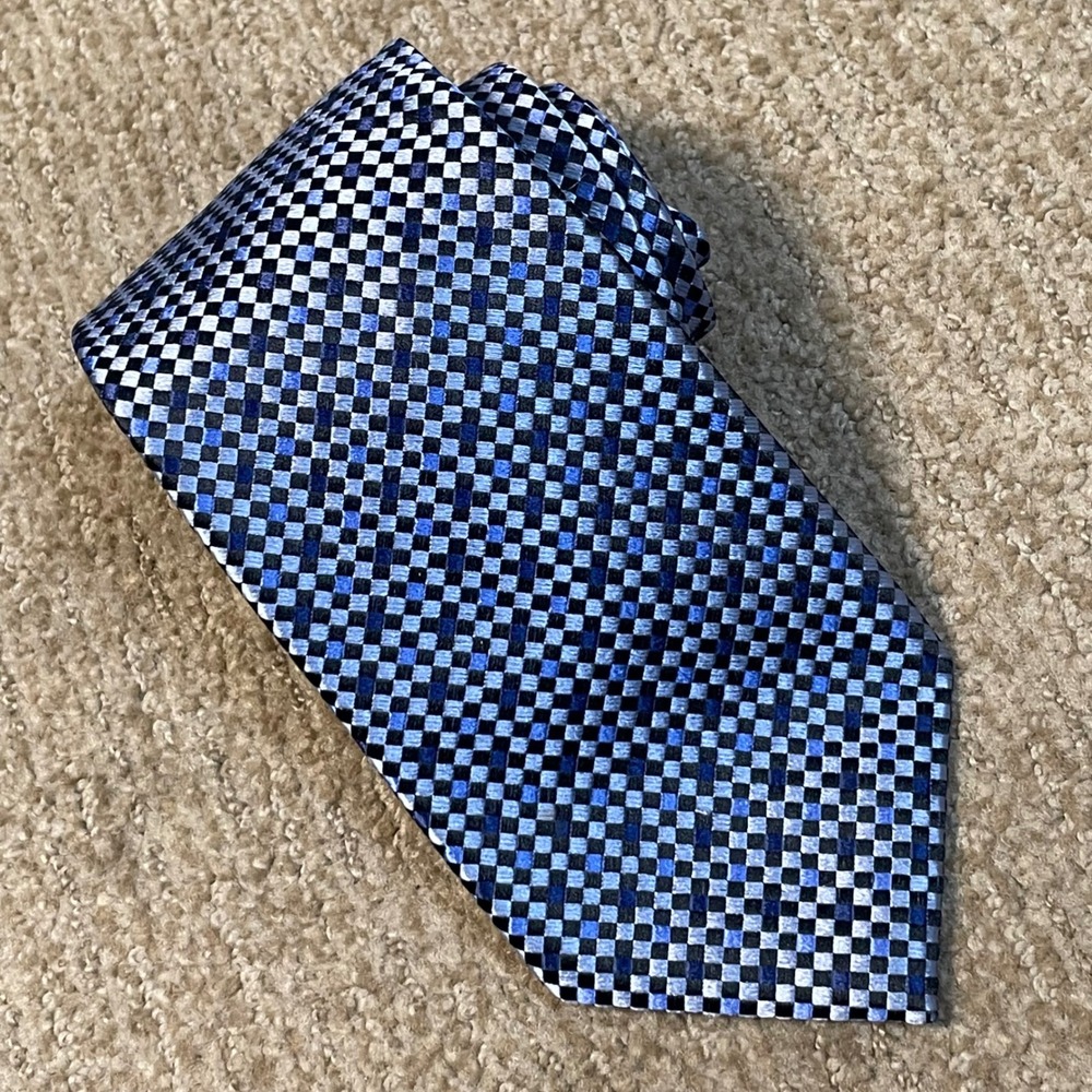 Grant Thomas Necktie Men Blue Checkered Silk Hand Sewn Geometric Professional